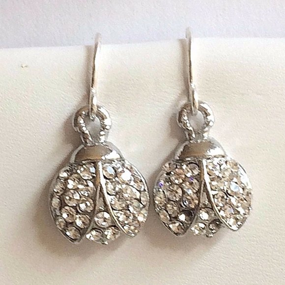 Silver Crystal Ladybug Earrings Sparkly Dainty - Picture 6 of 8